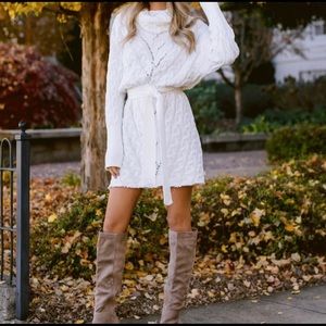 Red dress boutique cream turtleneck sweater dress